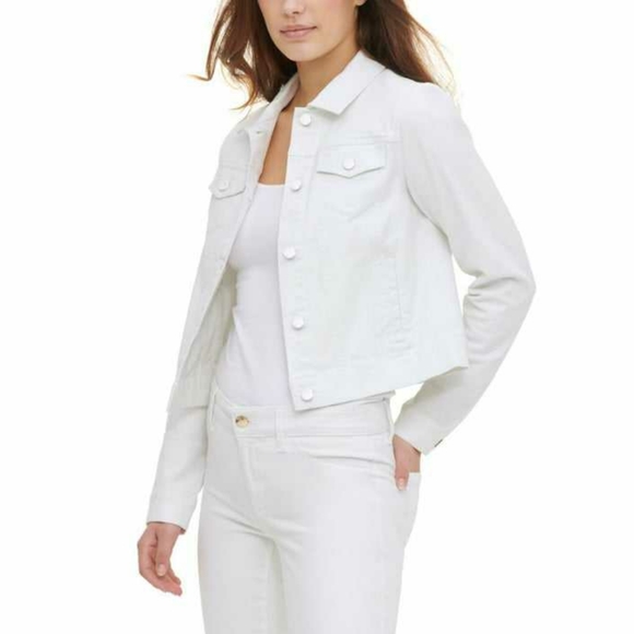 🤍 Calvin Klein White Lightweight Cropped Denim Jean Jacket Small Petite - Picture 1 of 8